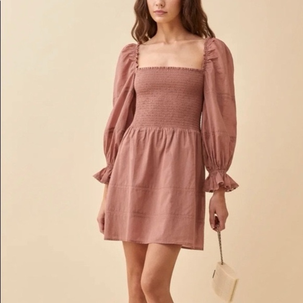 Reformation Dunes Smocked Mini Dress Praline Organic Cotton Size 0